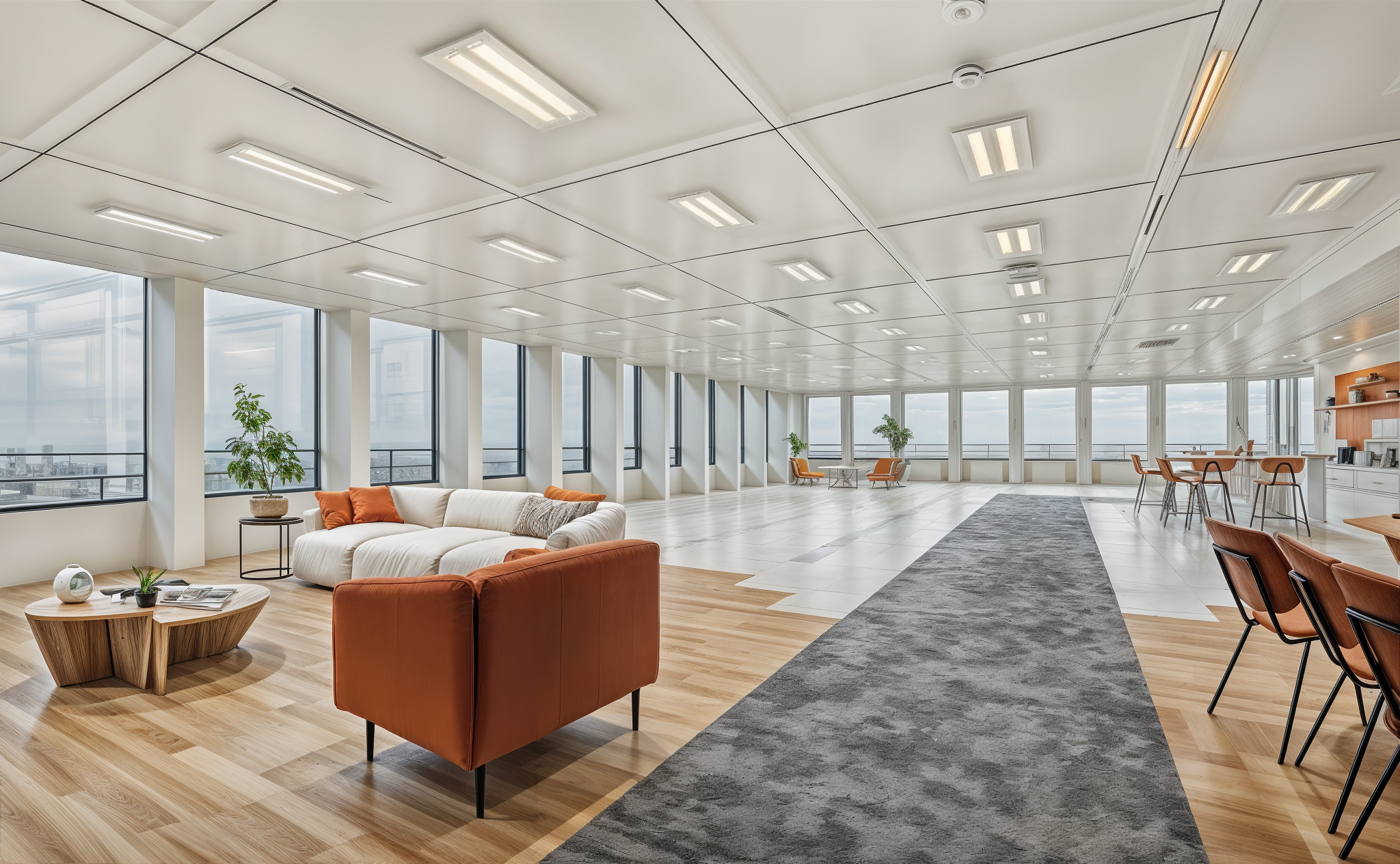Grand espace de bureaux lumineux situé dans la Tour W, avec un design épuré, des baies vitrées offrant une vue panoramique, un coin détente confortable et une cuisine moderne.