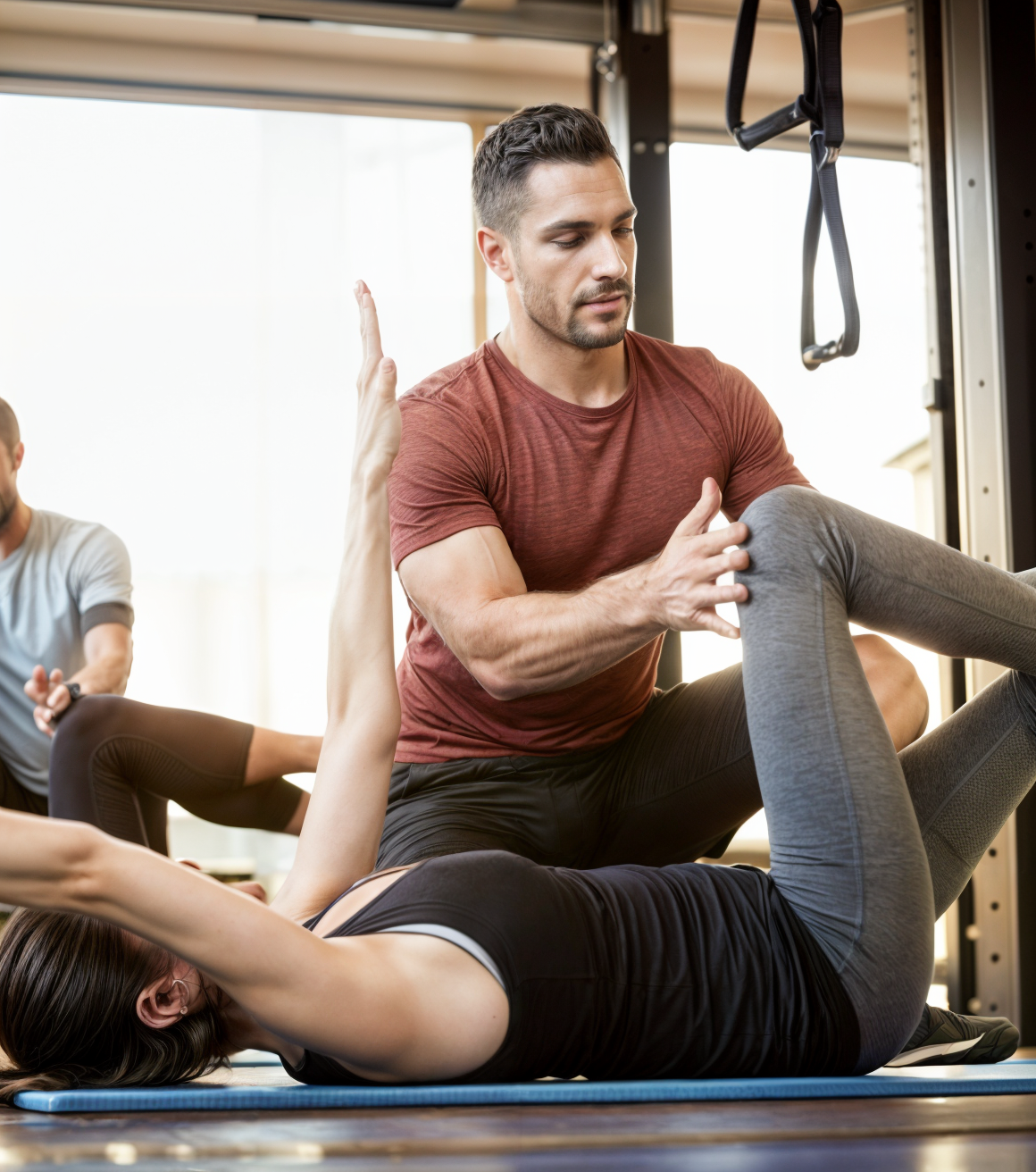 Séance de coaching sportif dans la salle de sport de la Tour W, avec un entraîneur personnel guidant un exercice de renforcement musculaire et d’assouplissement dans un espace moderne et lumineux.